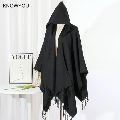 Men black hooded poncho - hooded,